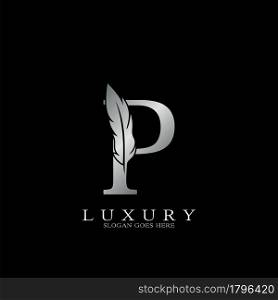 Silver Luxury Feather Initial Letter P Logo Icon, creative alphabet vector design concept.