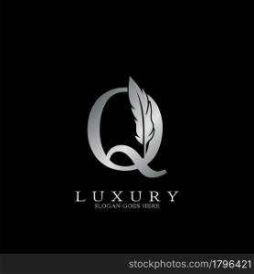 Silver Luxury Feather Initial Letter Q Logo Icon, creative alphabet vector design concept.