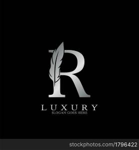 Silver Luxury Feather Initial Letter R Logo Icon, creative alphabet vector design concept.
