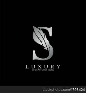 Silver Luxury Feather Initial Letter S Logo Icon, creative alphabet vector design concept.