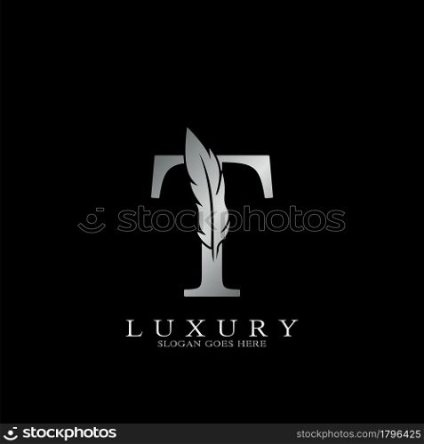 Silver Luxury Feather Initial Letter T Logo Icon, creative alphabet vector design concept.