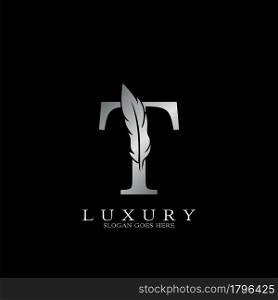 Silver Luxury Feather Initial Letter T Logo Icon, creative alphabet vector design concept.