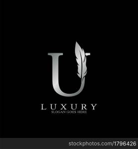 Silver Luxury Feather Initial Letter U Logo Icon, creative alphabet vector design concept.