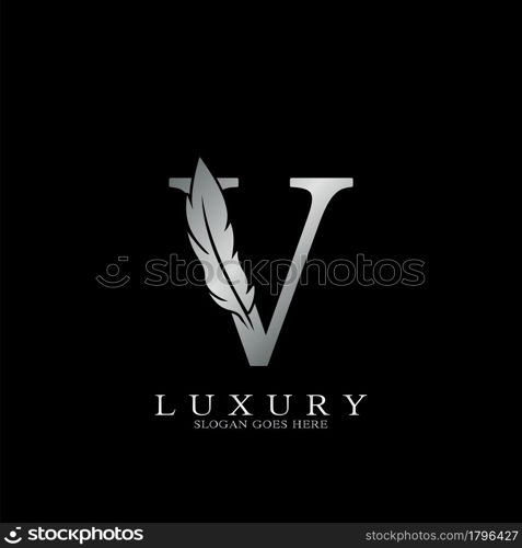 Silver Luxury Feather Initial Letter V Logo Icon, creative alphabet vector design concept.