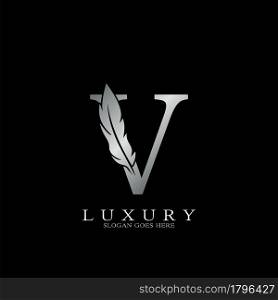 Silver Luxury Feather Initial Letter V Logo Icon, creative alphabet vector design concept.