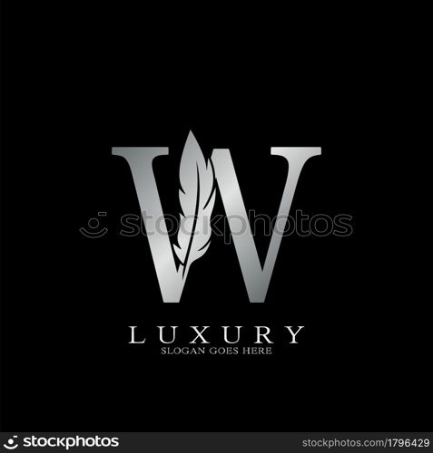 Silver Luxury Feather Initial Letter W Logo Icon, creative alphabet vector design concept.
