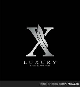 Silver Luxury Feather Initial Letter X Logo Icon, creative alphabet vector design concept.