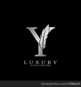 Silver Luxury Feather Initial Letter Y Logo Icon, creative alphabet vector design concept.