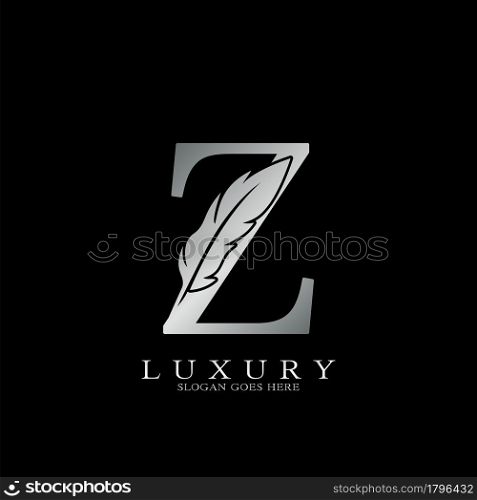 Silver Luxury Feather Initial Letter Z Logo Icon, creative alphabet vector design concept.