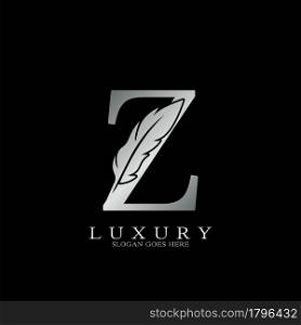 Silver Luxury Feather Initial Letter Z Logo Icon, creative alphabet vector design concept.