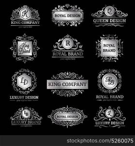 Silver Luxury Labels Set. Set of silver luxury labels with flourishes and monograms ornate decorations on black background isolated vector illustration