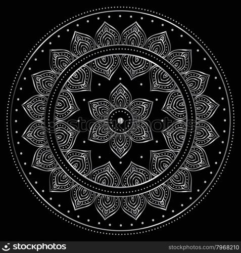 Silver mandala. Silver mandala on black background. Indian pattern.