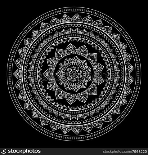 Silver mandala. Silver mandala on black background. Indian pattern.