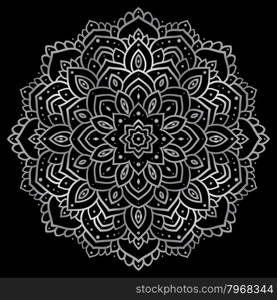 Silver mandala. Silver mandala on black background. Indian pattern.