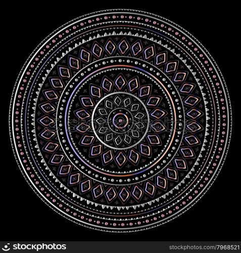 Silver mandala. Silver mandala on black background. Indian pattern.