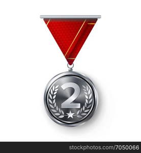 Silver Medal Vector. Metal Realistic Second Placement Achievement. Round Medal With Red Ribbon, Relief Detail Of Laurel Wreath And Star. Competition Game Siver Achievement. Winner Trophy Award. Silver Medal Vector. Metal Realistic Second Placement Achievement. Round Medal With Red Ribbon, Relief Detail Of Laurel Wreath And Star. Competition Game Siver Achievement. Winner Trophy