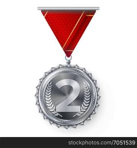 Silver Medal Vector. Round Championship Label. Competition Challenge Award. Red Ribbon. Isolated On White. Realistic Illustration.. Silver Medal Vector. Best First Placement. Winner, Champion, Number One. 2nd Place Achievement. Metallic Winner Award. Red Ribbon. Isolated On White Background. Realistic Illustration.