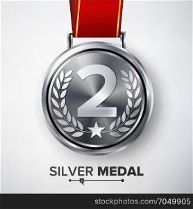 Silver Medal Vector.. Silver Medal Vector. Metal Realistic Second Placement Achievement. Round Medal With Red Ribbon, Relief Detail Of Laurel Wreath And Star. Competition Game Siver Achievement.
