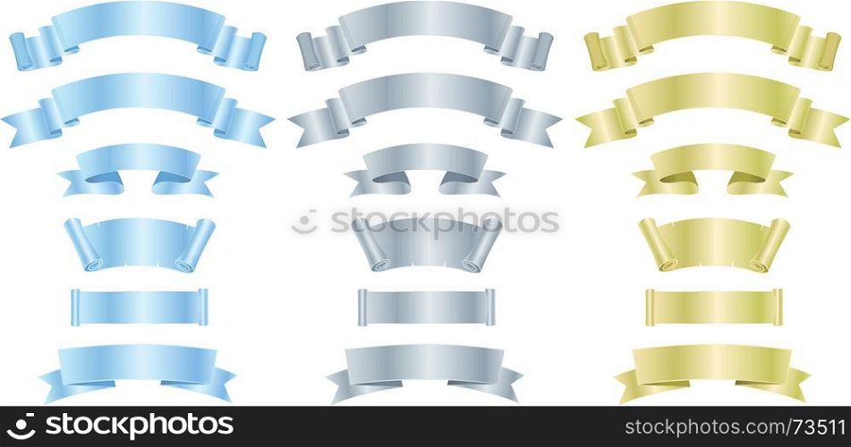 Silver, Metal And Gold Banners Or Ribbons. Illustration of a set of various metal, silver and gold banners, scrolls, awards and ribbons
