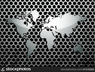 Silver metal grill background with brushed world map