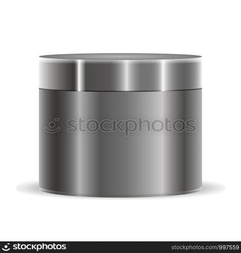 Silver metallic color cream jar mockup. Cosmetic bottle for cream, salt, scrub. Vector illustration cosmetics template.. Silver metallic color cream jar mockup. Cosmetic bottle