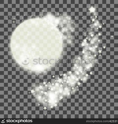 Silver moon with stardust. Shooting star, twinkling stars, comet trail. Glowing Christmas lights for brochures, flyers, posters, greeting cards. Vector illustration.