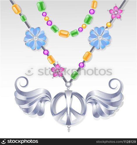 silver peace symbol with a stylized sweeping wings on a cord decorated with colored beads and jewelry with stylized flowers.