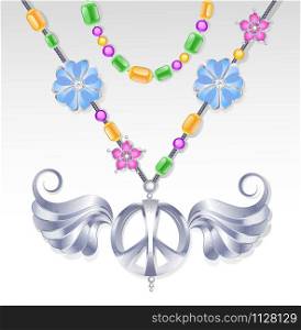 silver peace symbol with a stylized sweeping wings on a cord decorated with colored beads and jewelry with stylized flowers.