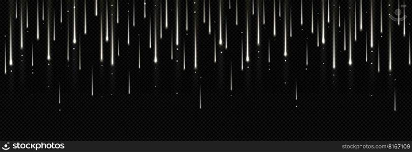 Silver rain sparkles isolated on black transparent background. Vector realistic illustration of vertical light glitter lines, festive tinsel curtain decoration shimmering at night. Party garland. Silver rain sparkles isolated on transparent