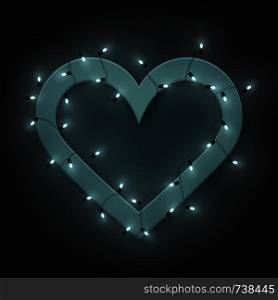 Silver retro neon heart frame, led light shine garland, vector illustration