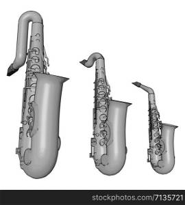 Silver saxophone, illustration, vector on white background.