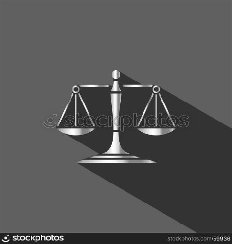 Silver scales of justice icon with shadow on dark background
