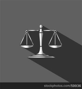 Silver scales of justice icon with shadow on dark background