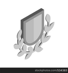 Silver shield with a laurel branch icon in isometric 3d style on a white background. Silver shield with a laurel branch icon