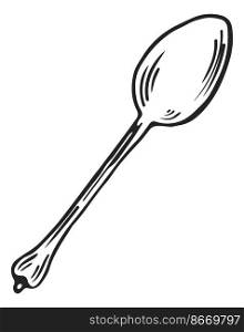 Silver spoon in hand drawn style. Kitchen utensil isolated on white background. Silver spoon in hand drawn style. Kitchen utensil