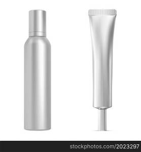 Silver spray bottle, cosmetic tube mockup. Cylinder aerosol package, aluminum metal can with cap, vector container blank. Realistic skin cream tube design, glossy packaging illustration. Silver spray bottle, cosmetic tube mockup cylinder