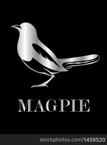 Silver vector illustration on a black background of a magpie. Suitable for making logo.