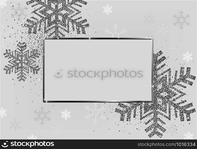 Silver Xmas Background with Frame and Glittering Snowflakes