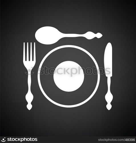 Silverware and plate icon . Black background with white. Vector illustration.