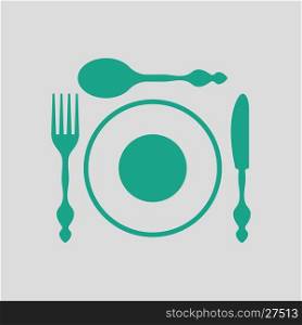 Silverware and plate icon . Gray background with green. Vector illustration.