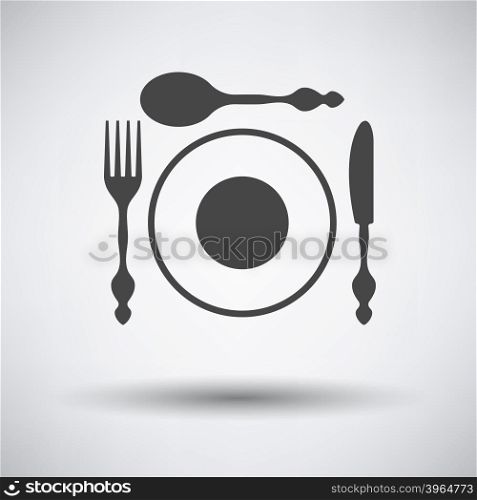 Silverware and plate icon on gray background with round shadow. Vector illustration.