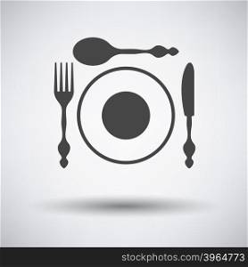 Silverware and plate icon on gray background with round shadow. Vector illustration.