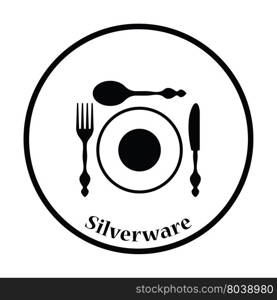 Silverware and plate icon. Thin circle design. Vector illustration.