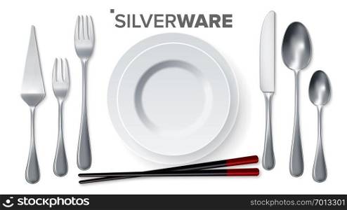 Silverware Set Vector. Silver Metal Knife, Spoon, Fork, Spatula, Chopsticks, Plate Top View Realistic Illustration. Silverware Set Vector. Silver Metal Knife, Spoon, Fork, Spatula, Chopsticks, Plate. Top View. 3D Realistic Illustration