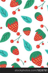 Simplcity seamless pattern with various berries. Vector cartoon natural texture. Hand drawn flat strawberry, lingonberry and cranberry with foliage on white background. Fruit background for wallpaper. Simplcity seamless pattern with various berries. Vector cartoon natural texture. Hand drawn flat strawberry, lingonberry and cranberry with foliage on white background.