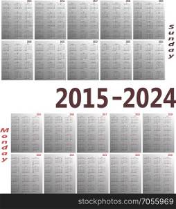 Simple 2015-2024 year vector calendars. Starts both Sunday and Monday