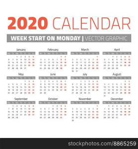 Simple 2020 year calendar, week starts on monday. Simple 2020 year calendar