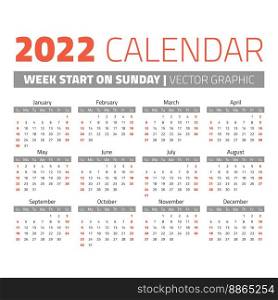 Simple 2022 year calendar, week starts on sunday. Simple 2022 year calendar