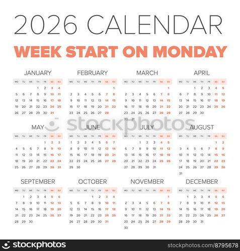 Simple 2026 year calendar, week starts on Monday. Simple 2026 year