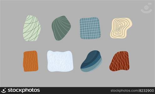Simple abstract stone shapes with decorative lines. Trendy contemporary design elements, creative decorated blotches vector set of simple shape graphic illustration. Simple abstract stone shapes with decorative lines. Trendy contemporary design elements, creative decorated blotches vector set